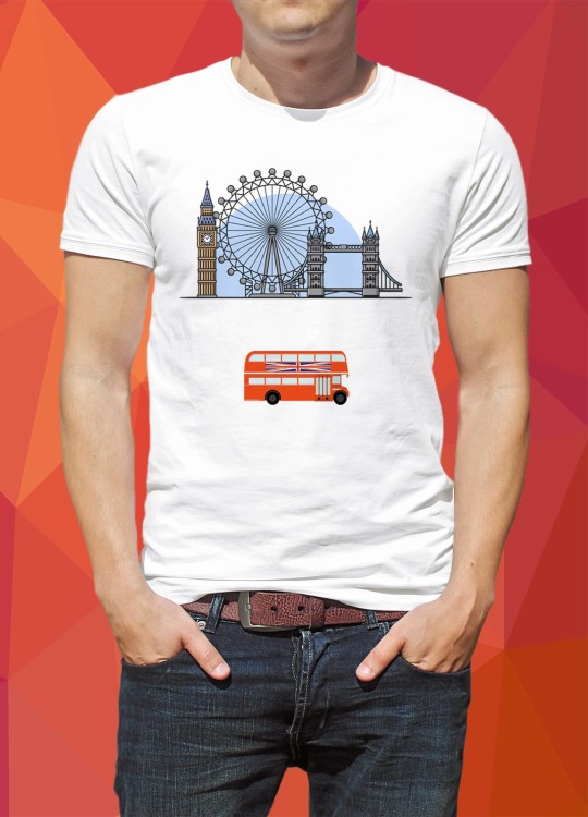 Koszulka-Biala-T-Shirt-City-Break-Londyn-Big-Ben-Kolo-Tower-Bridge-2-Pomaranczowa
