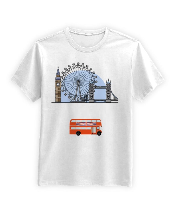 Koszulka-Biala-T-Shirt-City-Break-Londyn-Big-Ben-Kolo-Tower-Bridge-Pomaranczowa