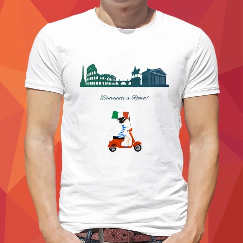 Koszulka-Biala-T-Shirt-City-Break-Roma-Rzym-Rome-Skuter-2-Pomaranczowa-1000px