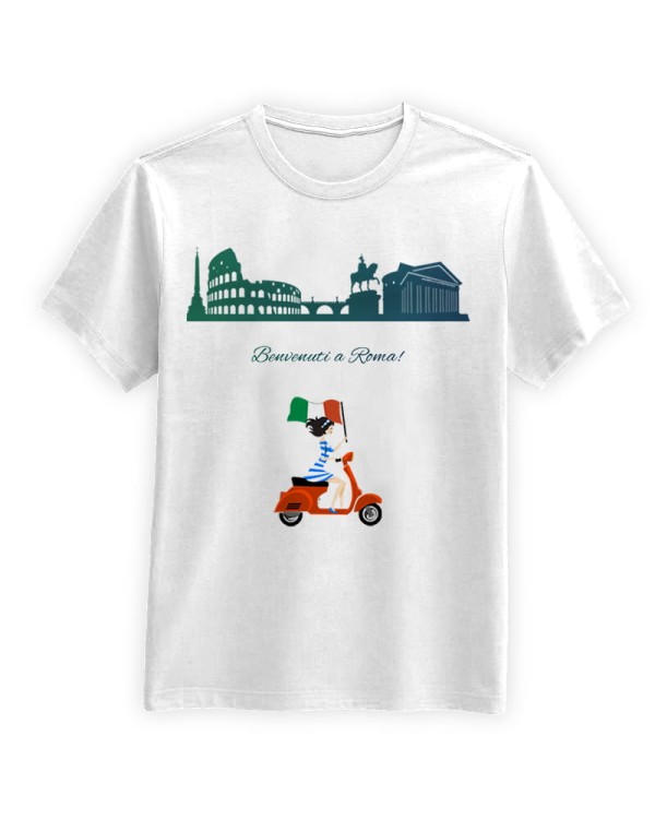 Koszulka-Biala-T-Shirt-City-Break-Roma-Rzym-Rome-Skuter-Pomaranczowa