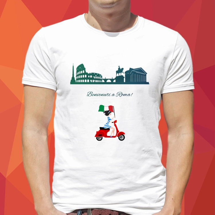 Koszulka-Biala-T-Shirt-City-Break-Rzym-Skuter