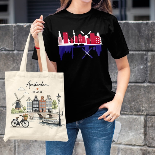 Kobieta-Koszulka-Czarna-T-Shirt-City-Break-Amsterdam