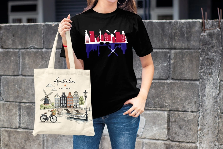Kobieta-Koszulka-Czarna-T-Shirt-City-Break-Amsterdam