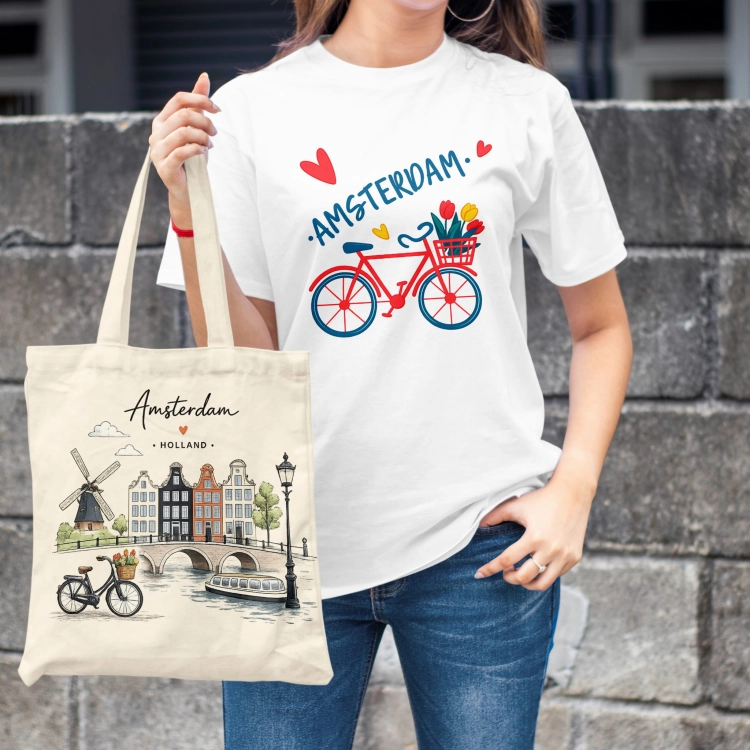 Kobieta-Koszulka-Biala-T-Shirt-City-Break-Amsterdam