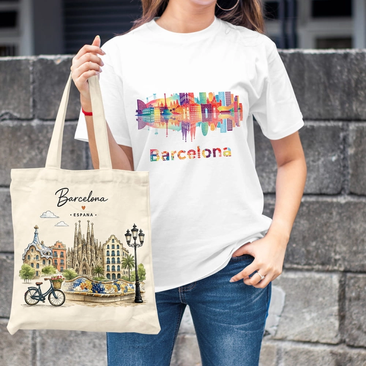 Kobieta-Koszulka-Biala-T-Shirt-City-Break-Barcelona